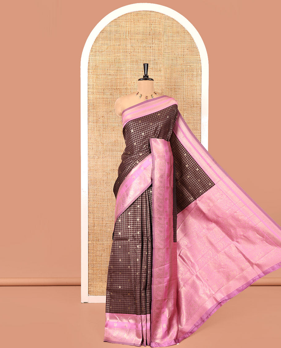 Coffee Brown Litchi Saree Features Buttas and Checks, Contrast Traditional Peacock Border, Intricate Pallu, and a Contrast Blouse