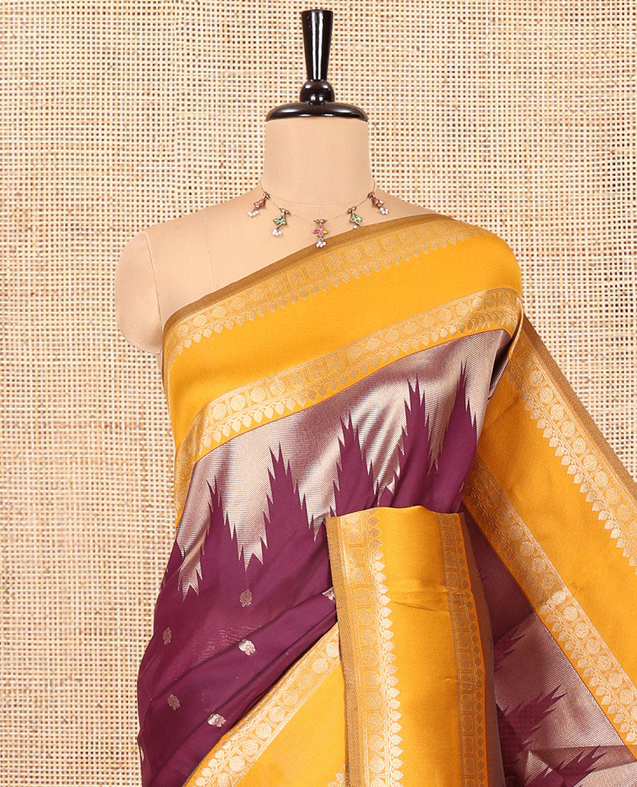 Wine Litchi Saree, Bedecked with Peacock Buttas , Contrast Temple Traditional Rettai Pettu Border, Pallu of Traditional , and Contrast Blouse