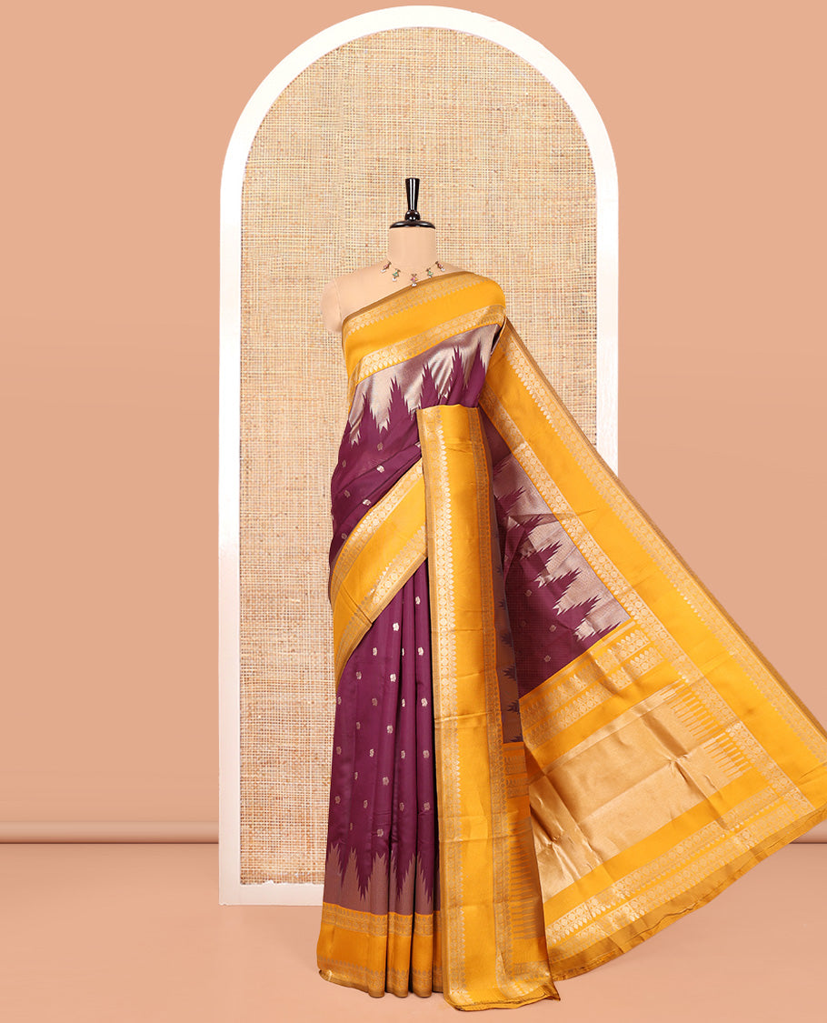 Wine Litchi Saree, Bedecked with Peacock Buttas , Contrast Temple Traditional Rettai Pettu Border, Pallu of Traditional , and Contrast Blouse