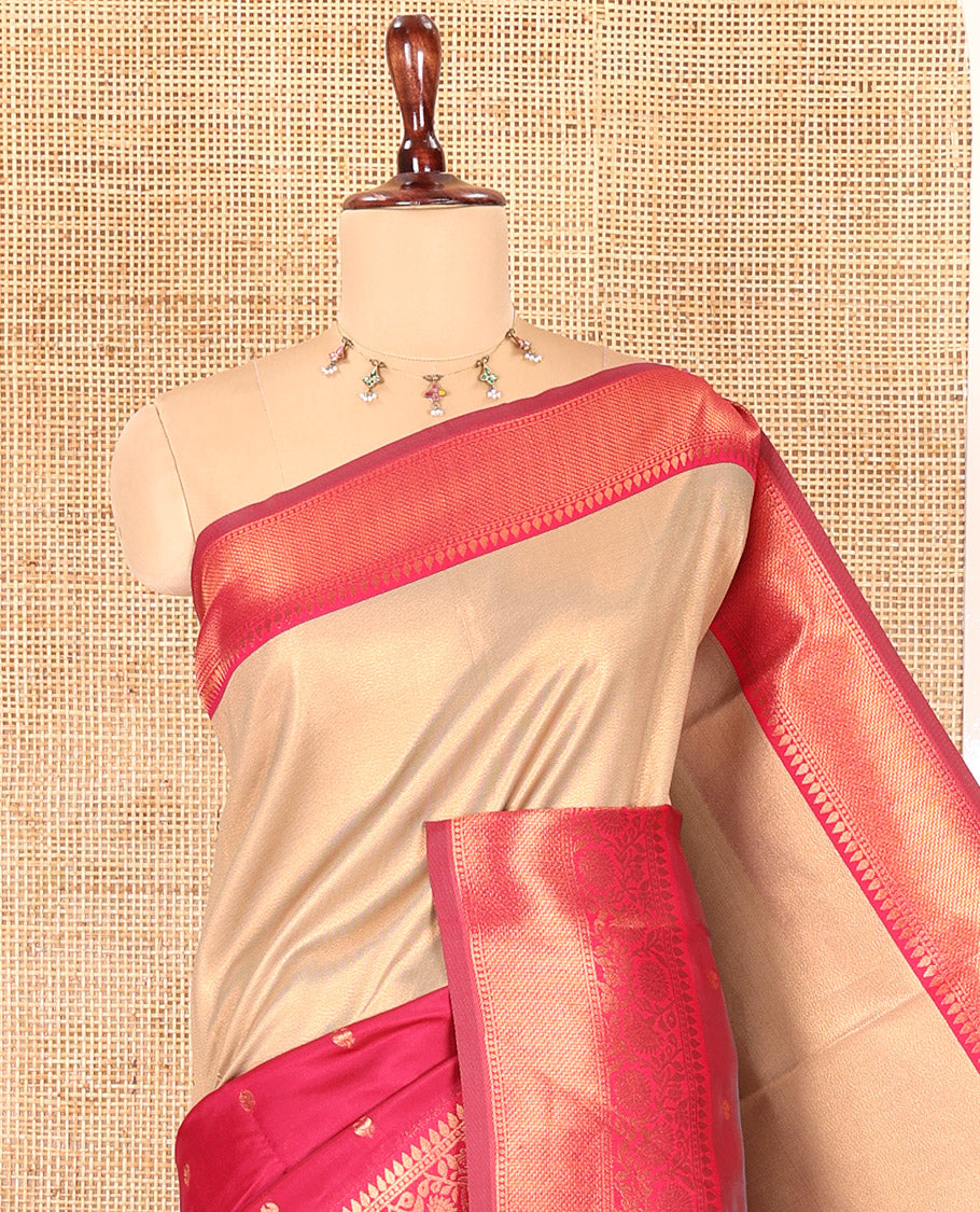 Pink Litchi Saree, Graced with Half-And-Half and Zari Buttas, Contrast Traditional Zari Border, Grand Pallu, and a Contrast Blouse
