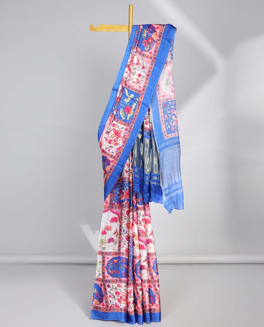 Multi-colored floral design semi-banaras printed saree contrast plain border & striped zari pallu