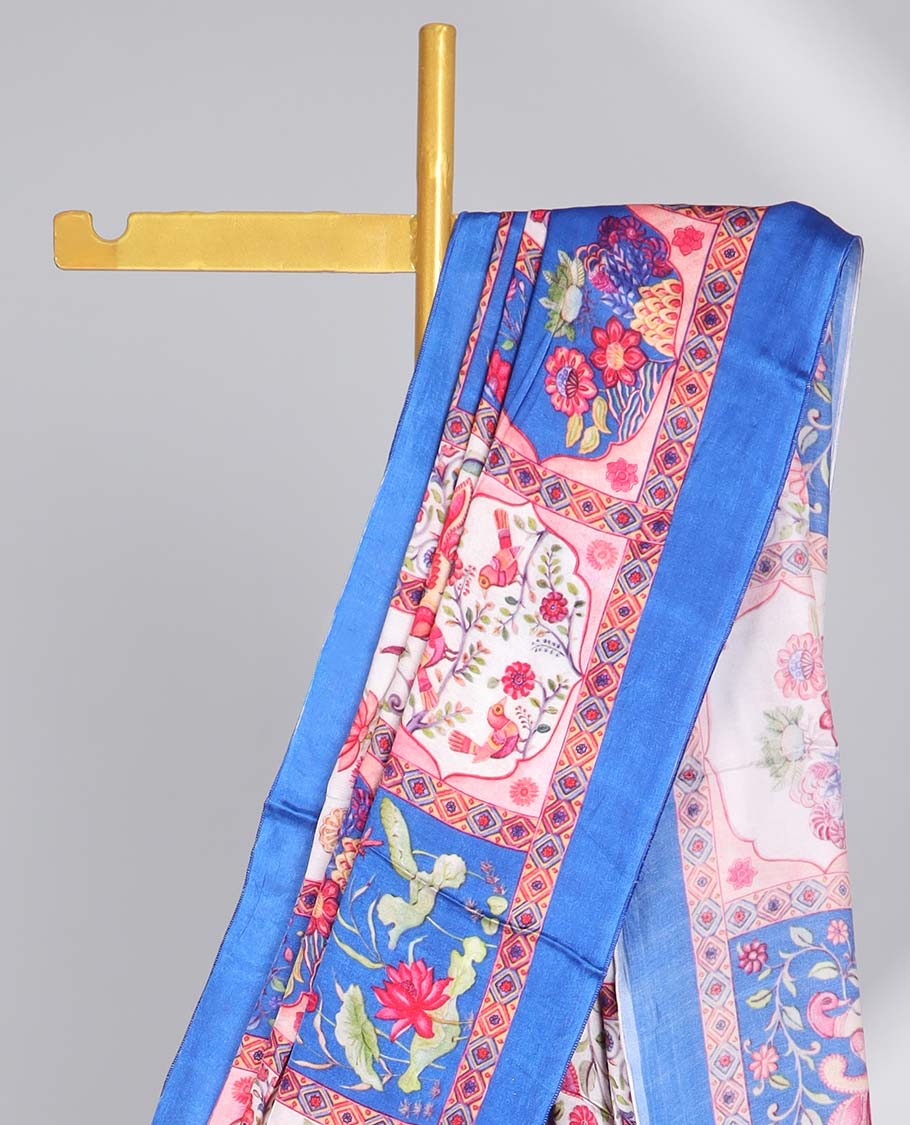 Multi-colored floral design semi-banaras printed saree contrast plain border & striped zari pallu