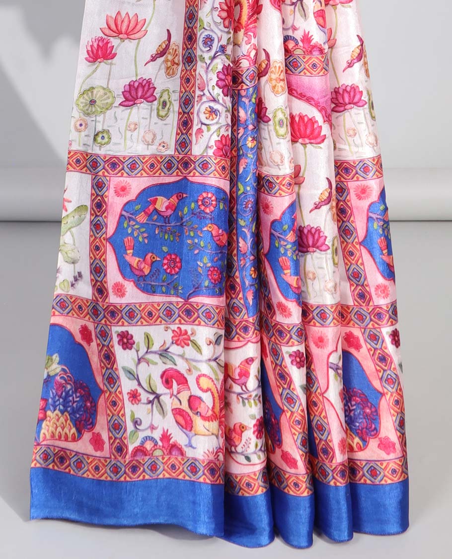 Multi-colored floral design semi-banaras printed saree contrast plain border & striped zari pallu