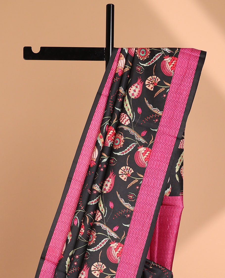 Black floral printed semi banaras saree with contrast border & striped pallu