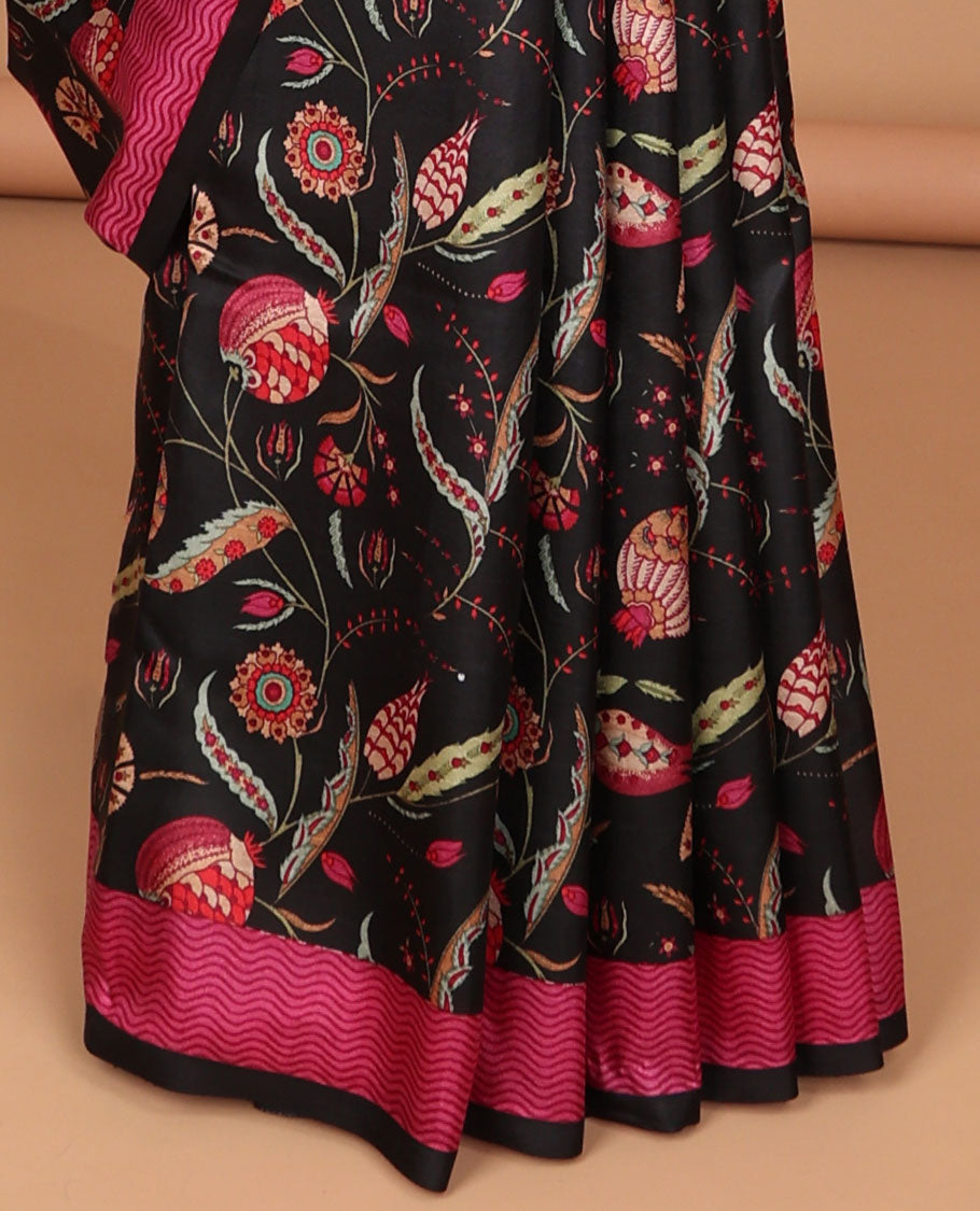 Black floral printed semi banaras saree with contrast border & striped pallu