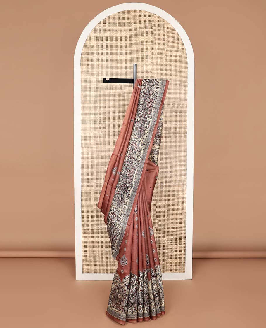 Brown madhubani style printed silk saree with self border & madhubani style design pallu