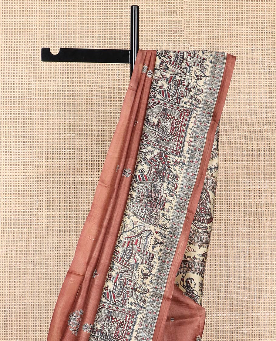 Brown madhubani style printed silk saree with self border & madhubani style design pallu