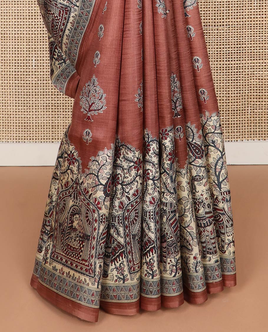 Brown madhubani style printed silk saree with self border & madhubani style design pallu
