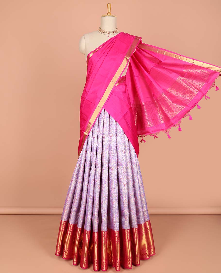 lavender floral jacquard pure silk half saree with contrast traditional design border , zari design blouse & floral jaal design dhavani