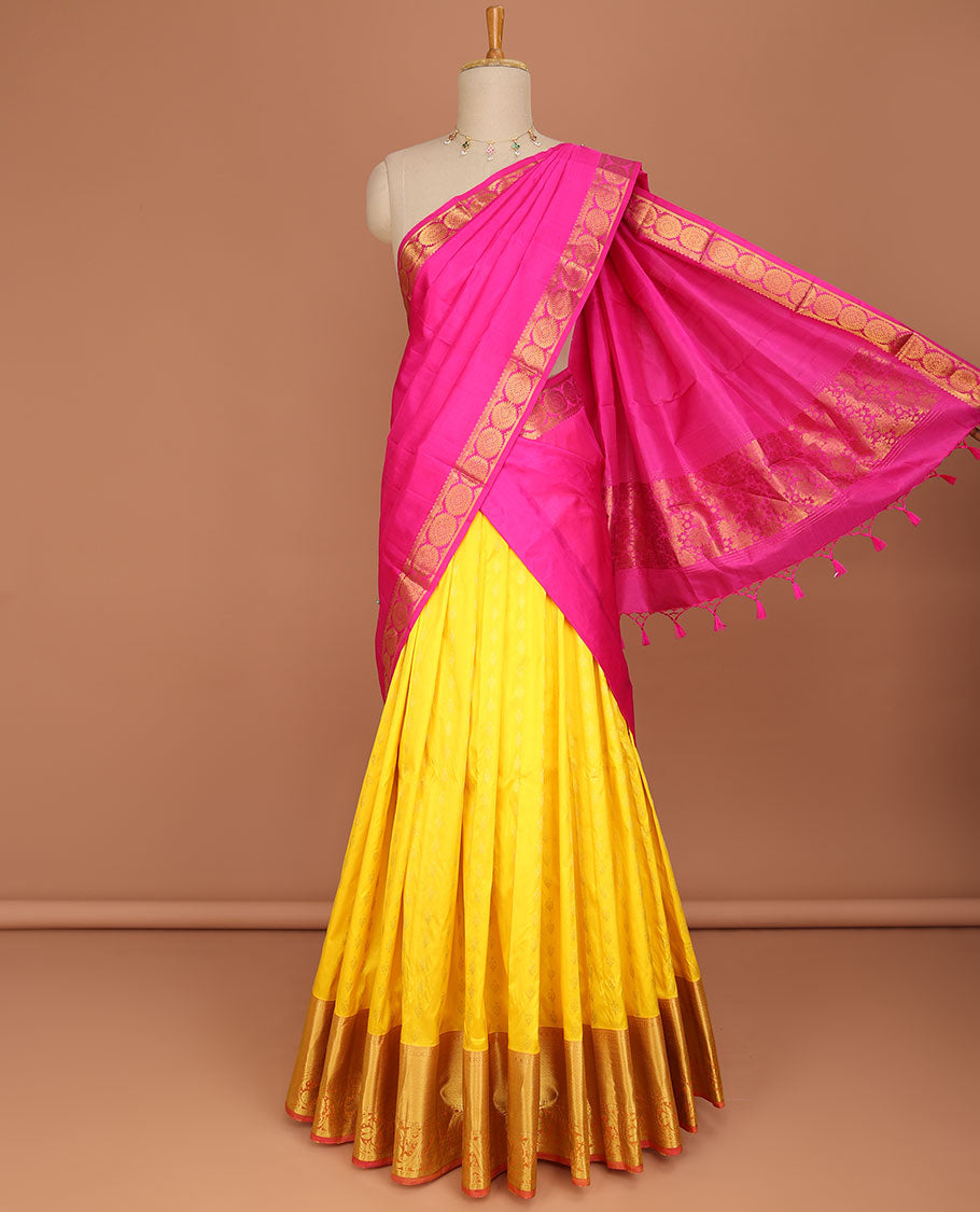 yellow floral buttas pure silk half saree with contrast intricate zari design border, zari design blouse & floral zari design dhavani