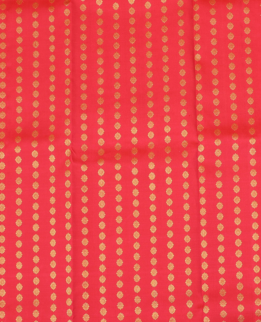 Red pure-silk half saree, zari buttas skirt, contrast border & blouse of thilakam, vanki, floral & Paisley designs & zari design dhavani