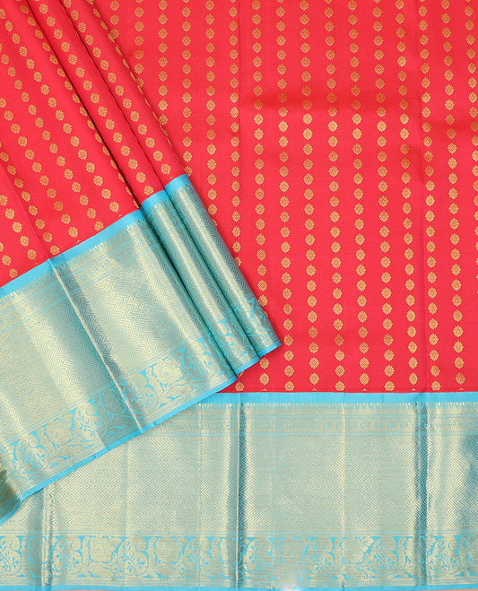 Red pure-silk half saree, zari buttas skirt, contrast border & blouse of thilakam, vanki, floral & Paisley designs & zari design dhavani