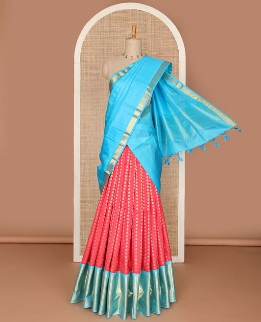 Red pure-silk half saree, zari buttas skirt, contrast border & blouse of thilakam, vanki, floral & Paisley designs & zari design dhavani