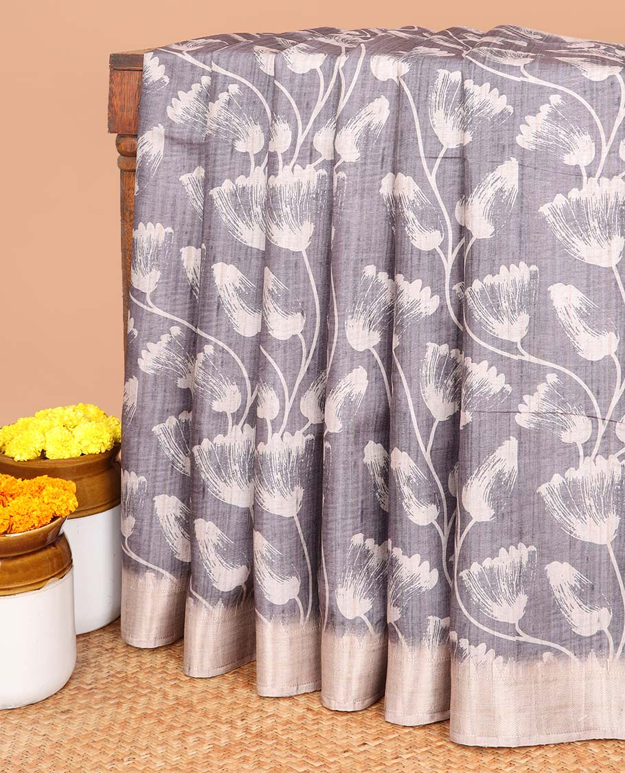 Elephant grey with cream all-over printed design semi khicha tussar saree with gold zari jacquard border & purejute weaving pallu along with plain blouse