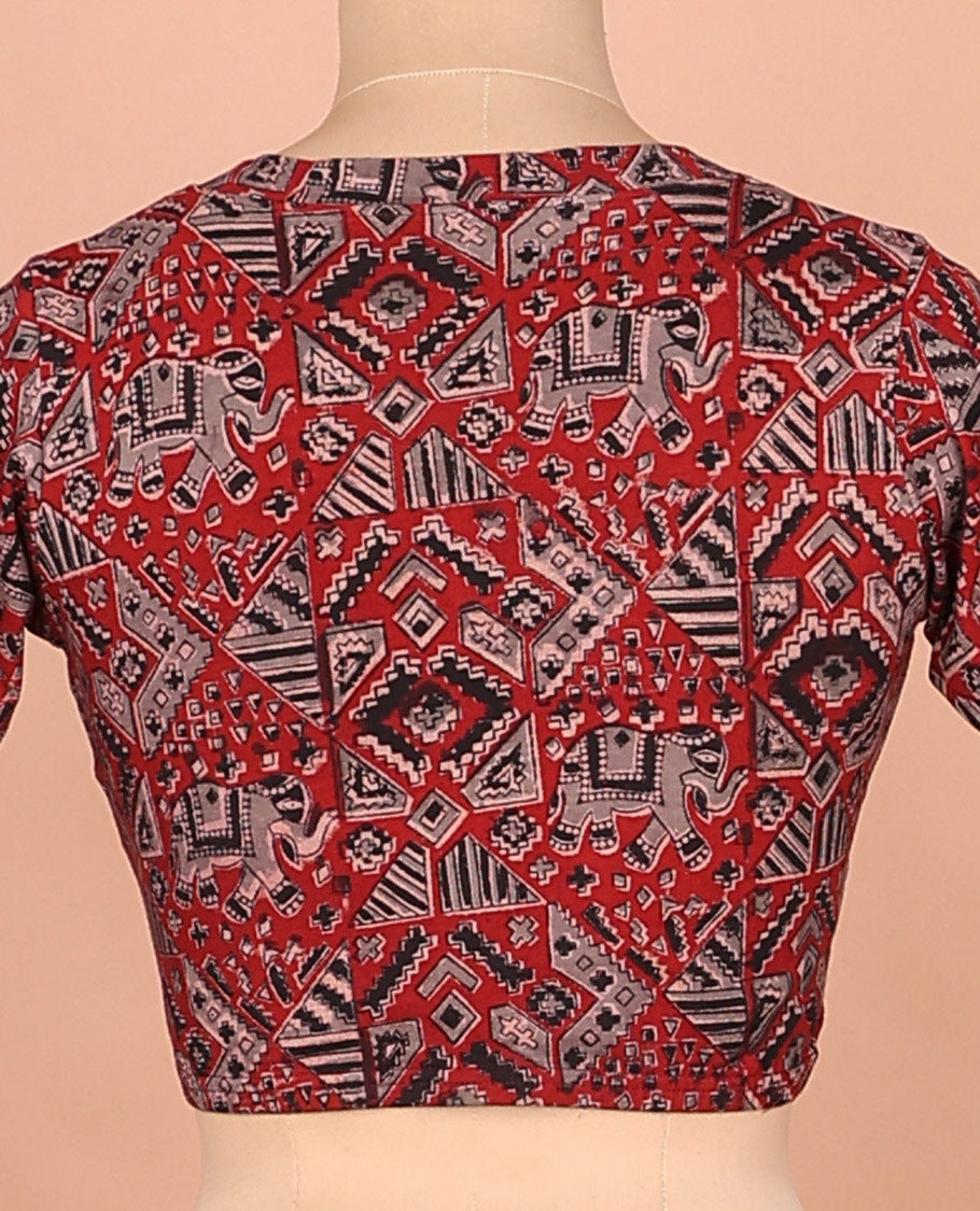Red elephant and geometric pattern printed front and back leaf neck elbow sleeve cotton readymade blouse