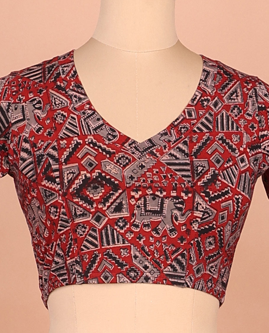 Red elephant and geometric pattern printed front and back leaf neck elbow sleeve cotton readymade blouse