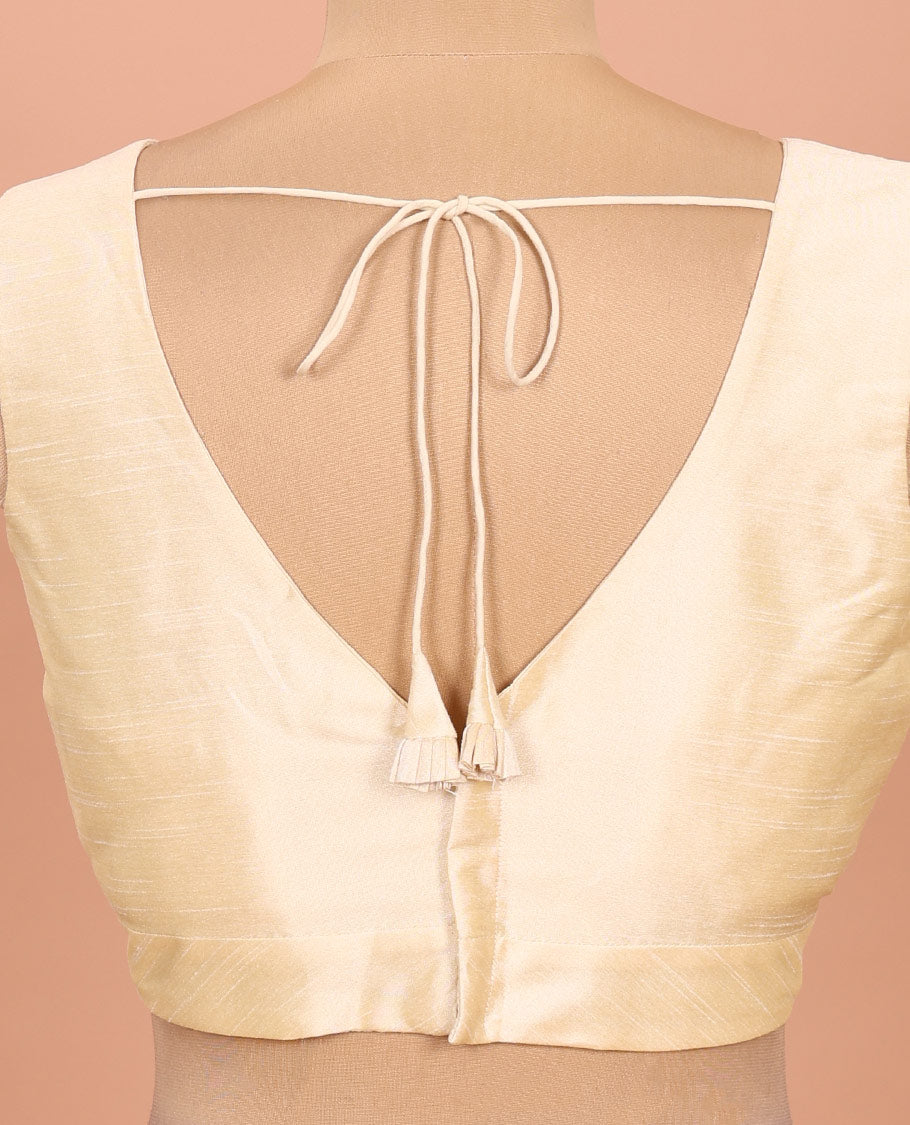 Cream plain front-back V-neck sleeveless readymade blouse