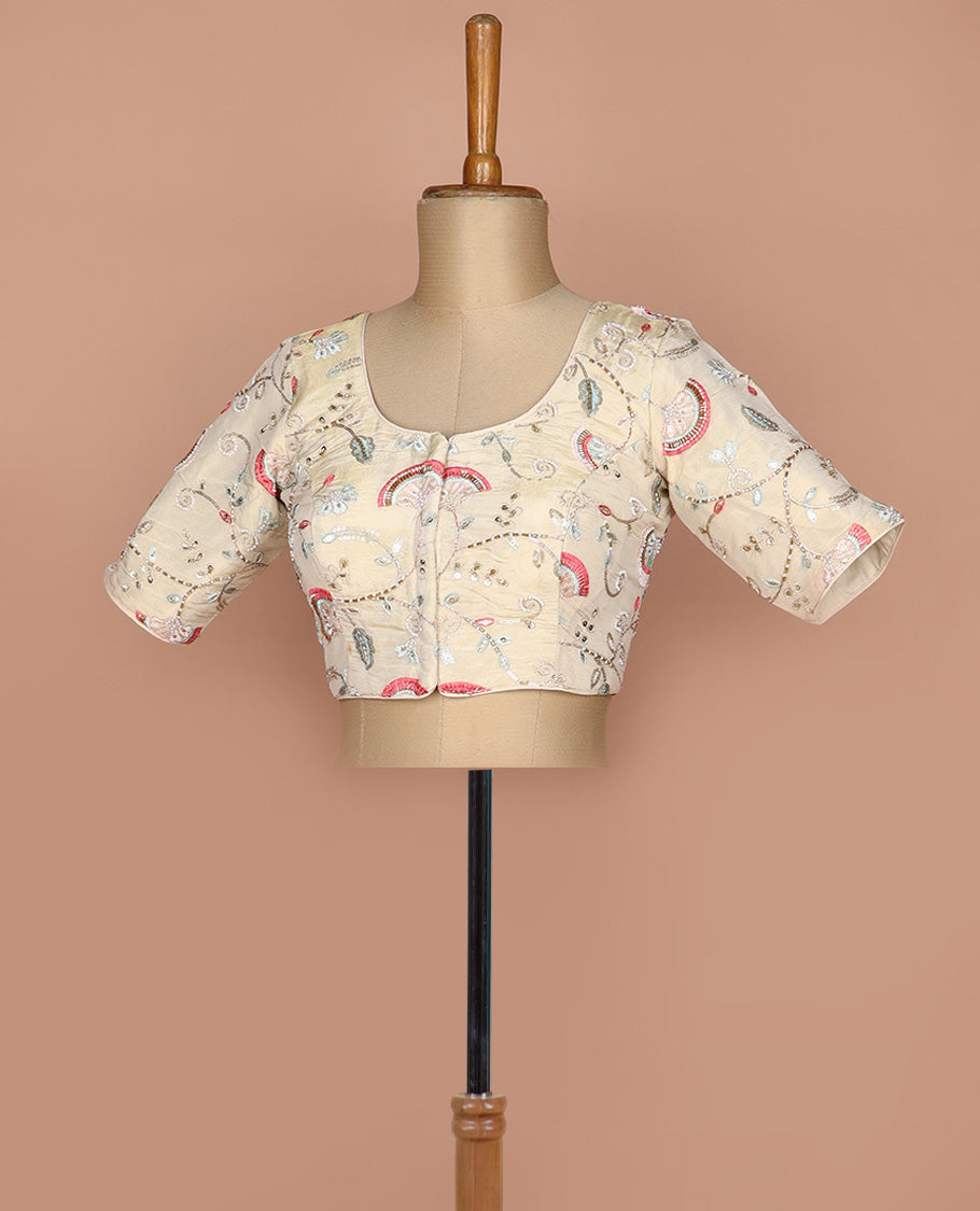 Pale yellow floral vine mixed embroidered round neck elbow sleeve raw silk readymade blouse