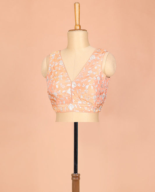Orange floral vine design thread embroidered front and back deep v-neck sleeveless raw-silk readymade blouse