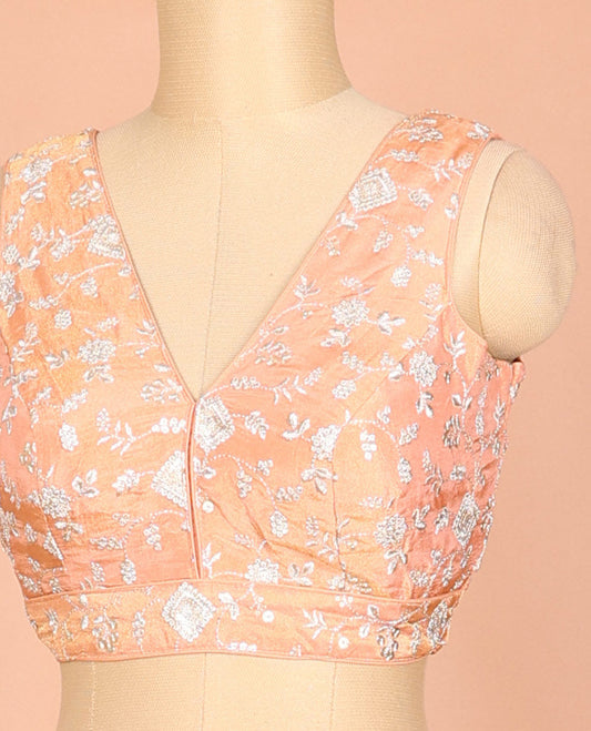 Orange floral vine design thread embroidered front and back deep v-neck sleeveless raw-silk readymade blouse