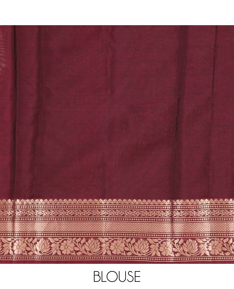 Brown Silk Cotton Saree Elevated with Zari Buttas All Over the Body, Highlighted with Contrast Traditional Zari Design Border, Pallu Featuring Geometric Designs, and Paired with a Contrast Blouse