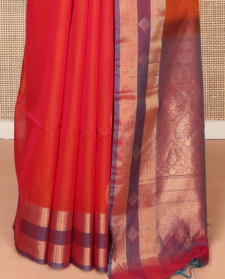 Orange Silk Cotton Saree, Adorned with Polka Dot Buttas, Complemented by a Contrast Border, Intricately Designed Pallu, and a Contrast Blouse