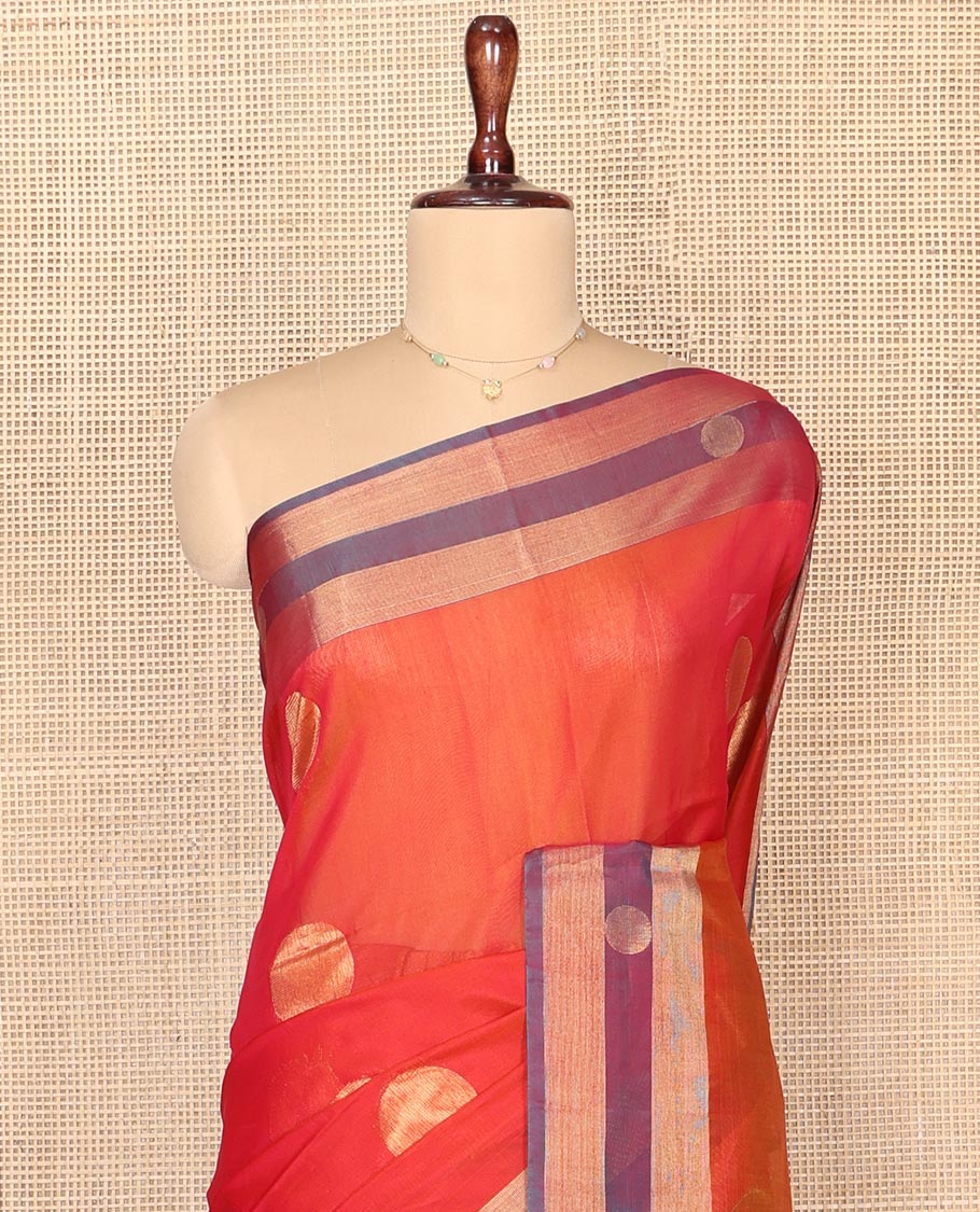 Orange Silk Cotton Saree, Adorned with Polka Dot Buttas, Complemented by a Contrast Border, Intricately Designed Pallu, and a Contrast Blouse