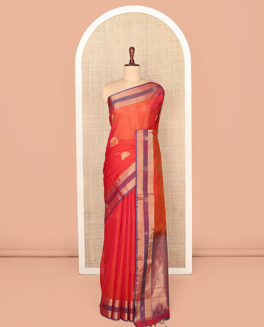 Orange Silk Cotton Saree, Adorned with Polka Dot Buttas, Complemented by a Contrast Border, Intricately Designed Pallu, and a Contrast Blouse