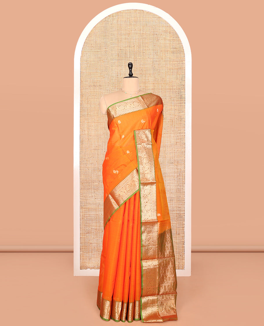Orange Silk Cotton Saree, Enriched with Zari Buttas, Complemented by a Contrast Traditional Zari Border, Pallu of Intricate Designs, and a Matching Blouse