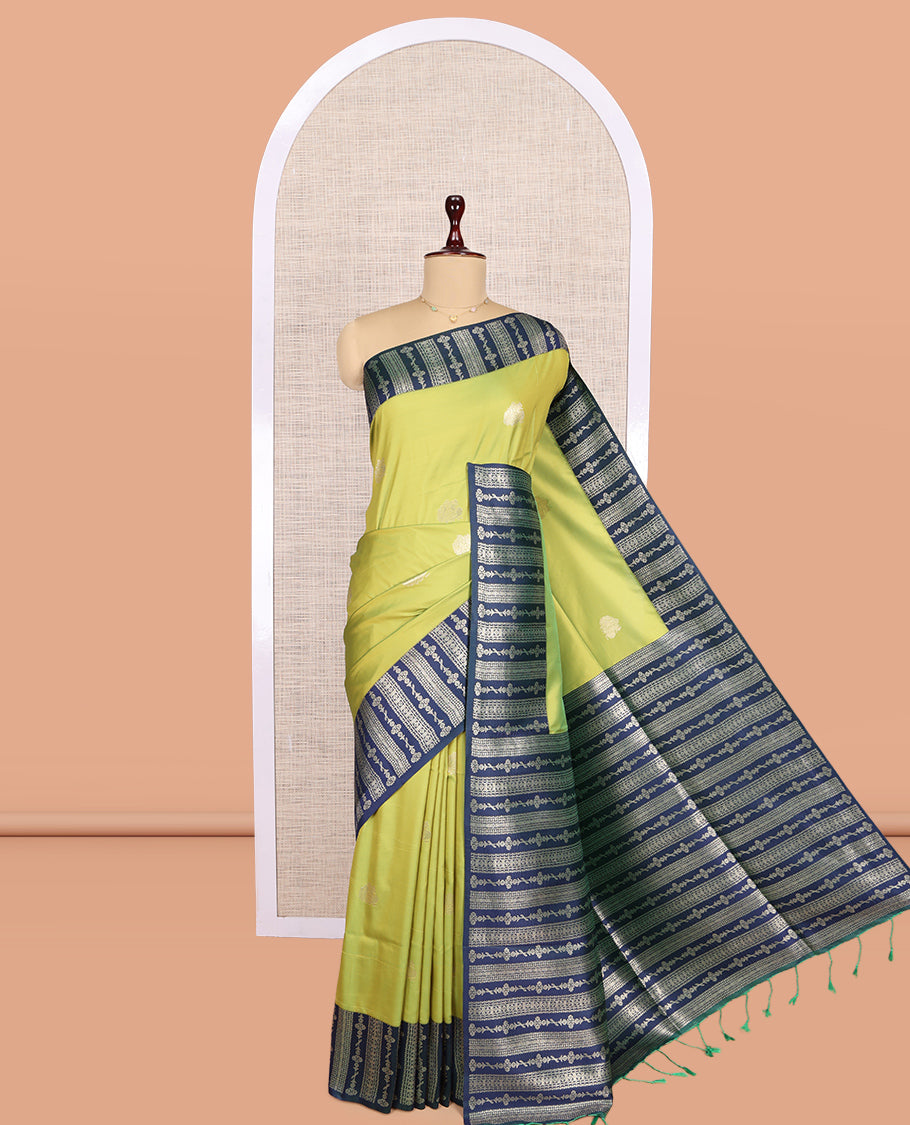 Green Fancy Soft Silk Saree, Decorated with Zari Buttas, Complemented by Contrast Floral Creeper Zari Border, Grand Pallu, and a Contrast Blouse