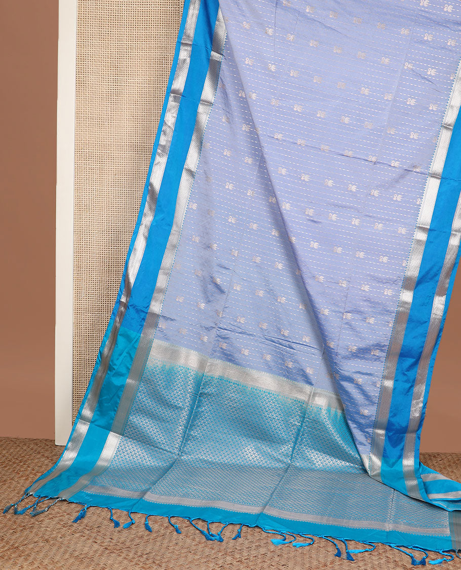 Blue zari designs soft silk saree, contrast traditional zari border, and jaal pallu