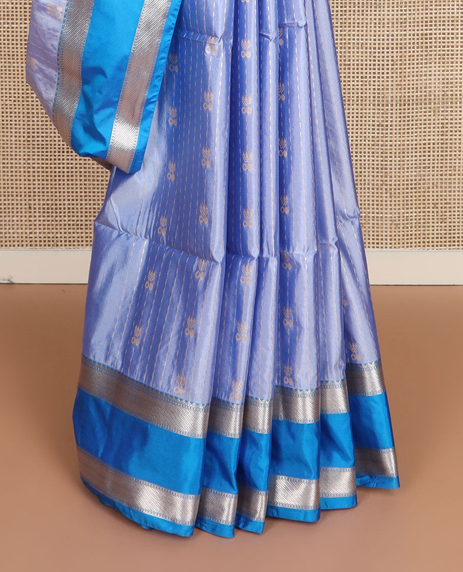 Blue zari designs soft silk saree, contrast traditional zari border, and jaal pallu