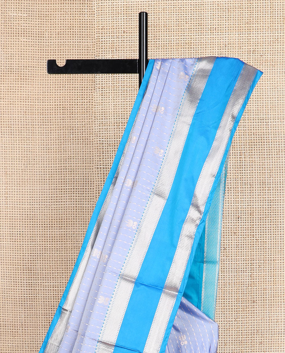 Blue zari designs soft silk saree, contrast traditional zari border, and jaal pallu