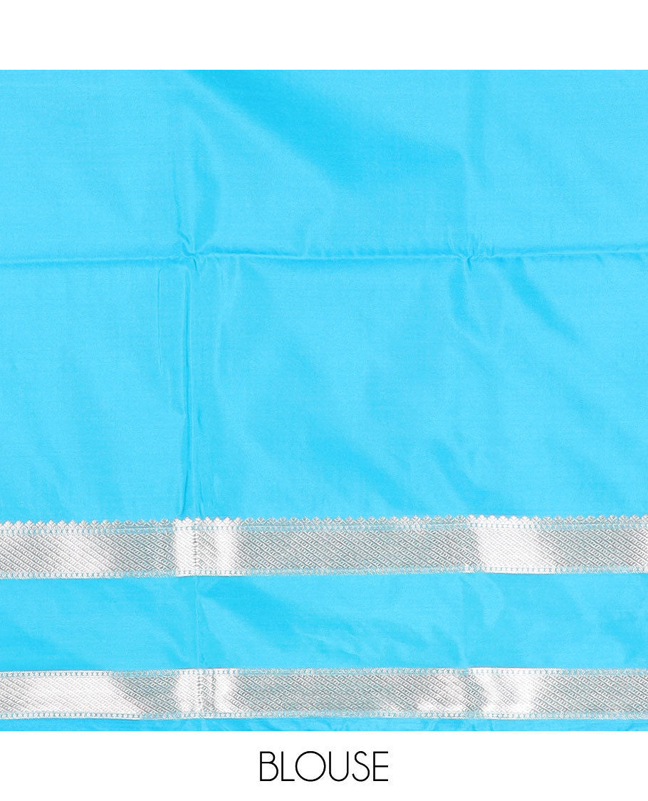Blue zari designs soft silk saree, contrast traditional zari border, and jaal pallu