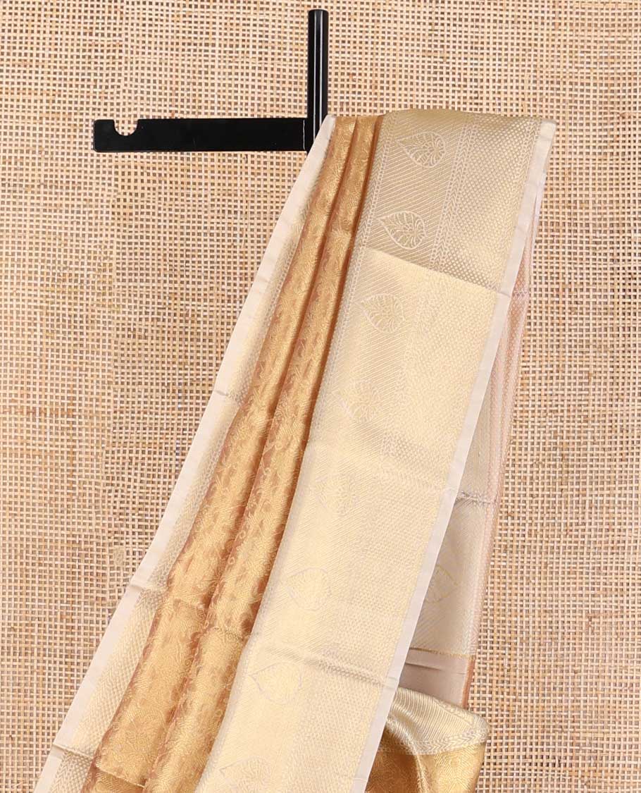 Brown floral jacquard tissue saree with contrast floral zari design border & zari design pallu