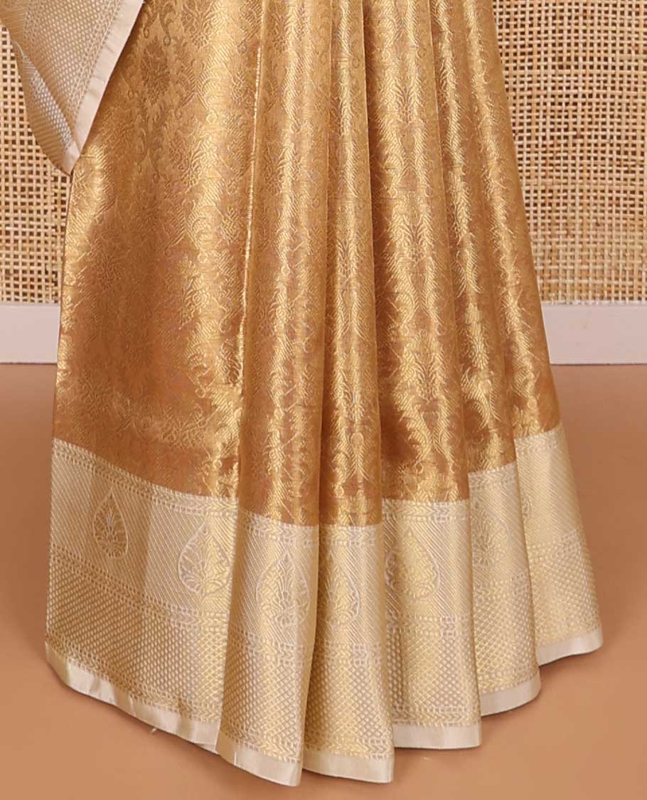 Brown floral jacquard tissue saree with contrast floral zari design border & zari design pallu