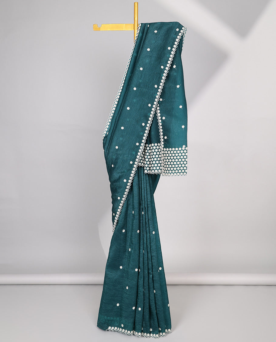 Pink Crushed Tissue saree with scallop motif border and intricate motif embroidery pallu