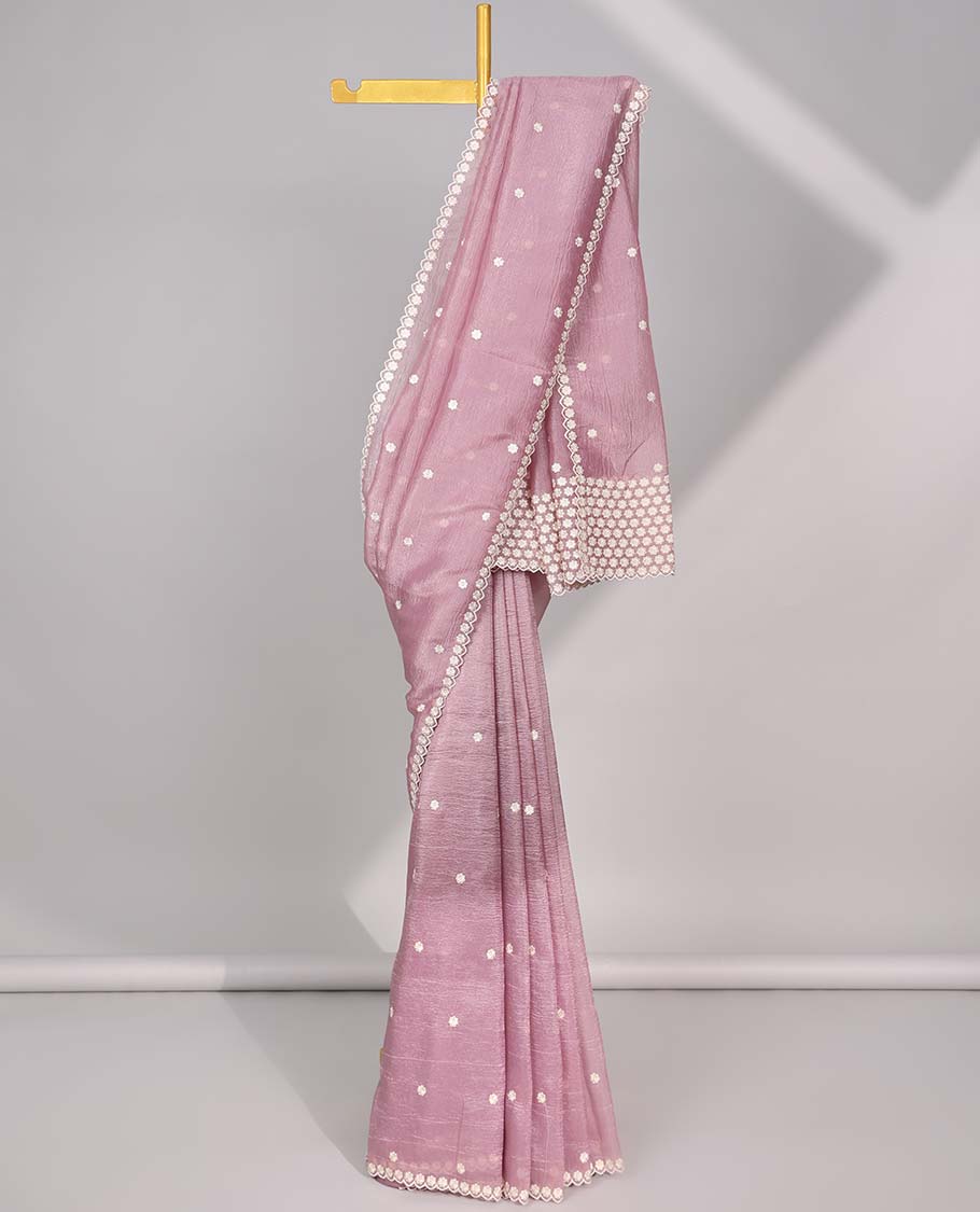 Red crushed tissue saree with all-over floral motifs embroidered & floral scallop border