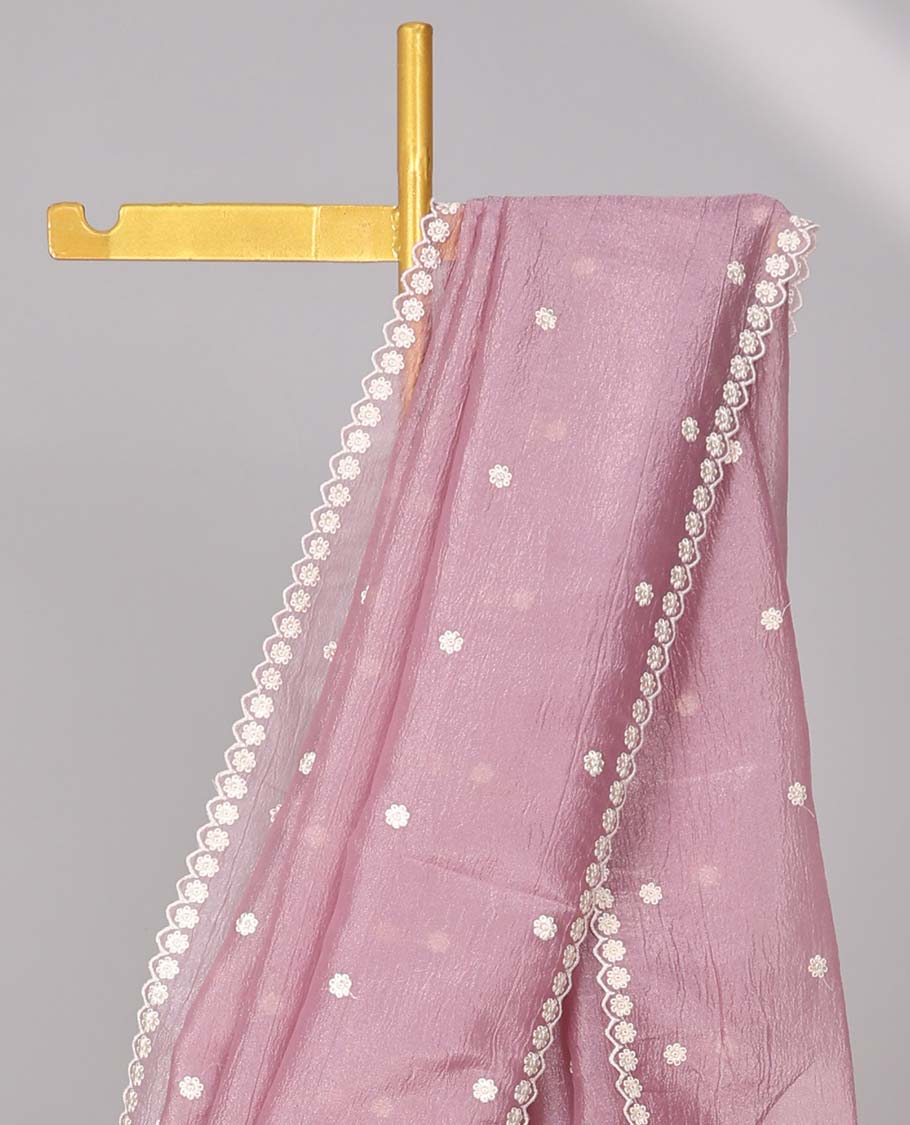 Red crushed tissue saree with all-over floral motifs embroidered & floral scallop border