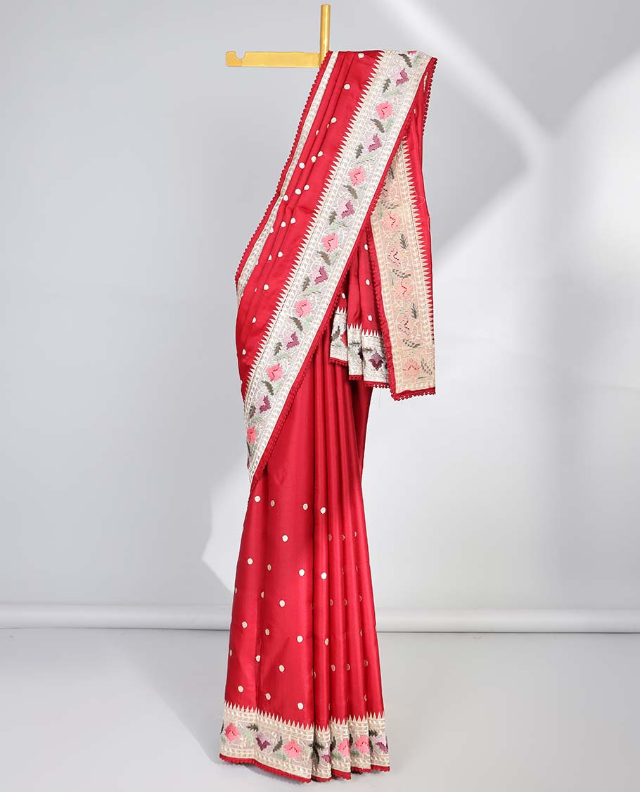 Red polka dot semi-banaras tussar saree & contrast floral thread embroidered border