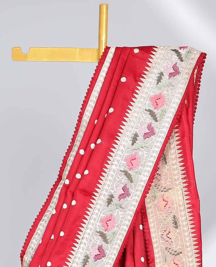 Red polka dot semi-banaras tussar saree & contrast floral thread embroidered border