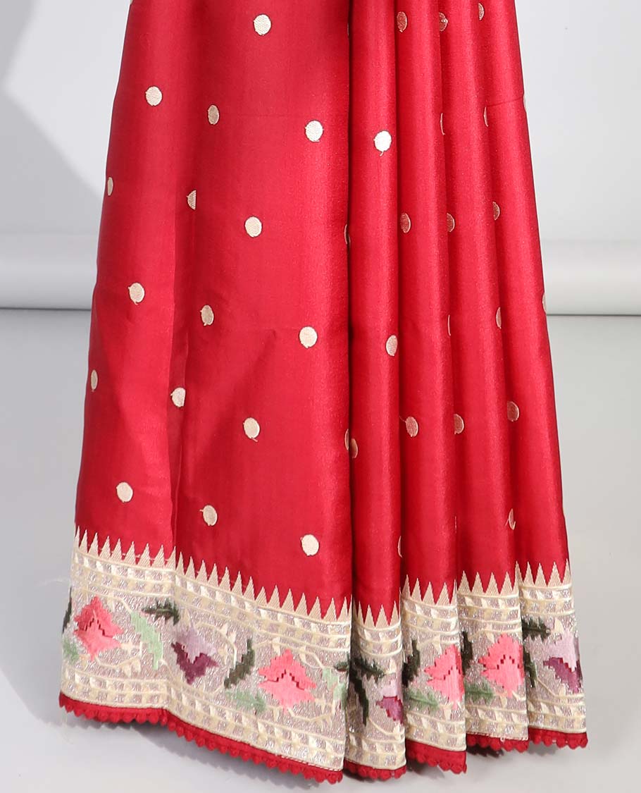 Red polka dot semi-banaras tussar saree & contrast floral thread embroidered border