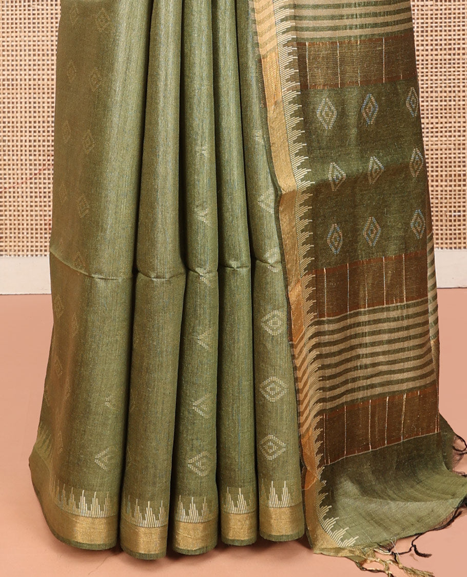 Green Tussar Silk Saree, Sparsely Woven with Buttas, a Subtle Temple Border, a Self-Pallu, and a Matching Blouse