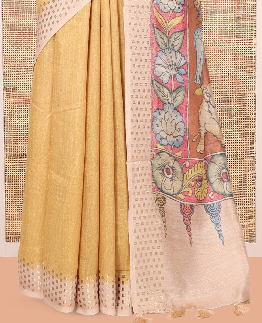 Sandal Plain Fancy Tussar Silk Saree, Contrast Triangle Motif Border, Pallu of Kalamkari Animal Motifs, and Contrast Kalamkari Printed Blouse