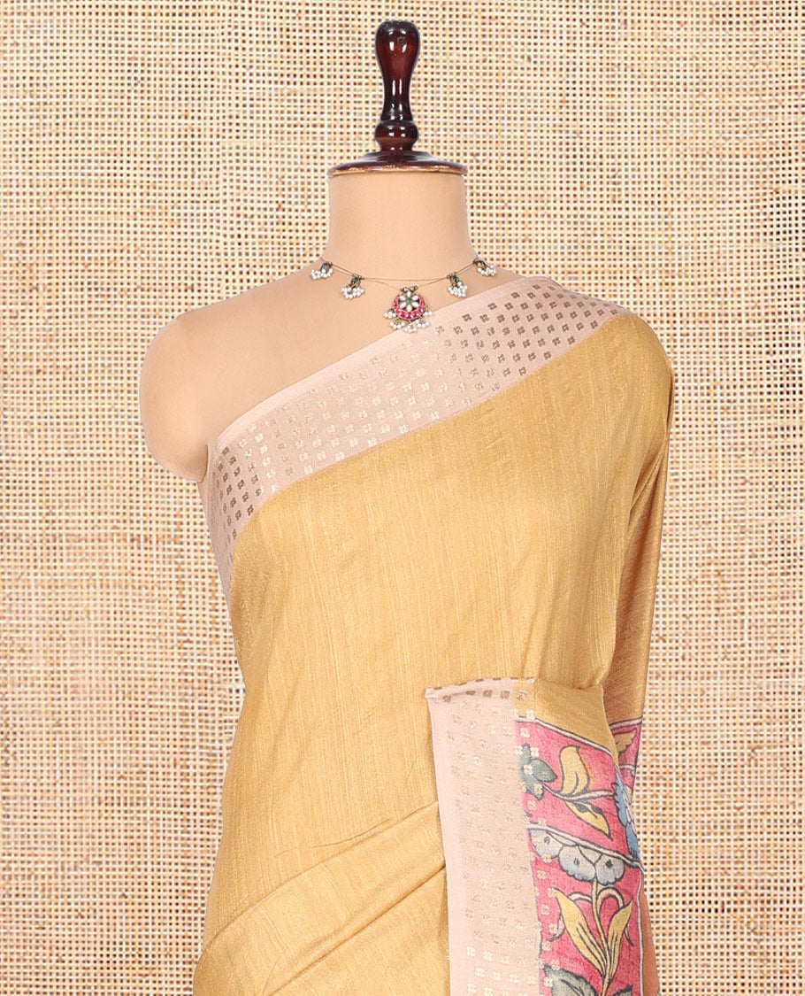 Sandal Plain Fancy Tussar Silk Saree, Contrast Triangle Motif Border, Pallu of Kalamkari Animal Motifs, and Contrast Kalamkari Printed Blouse