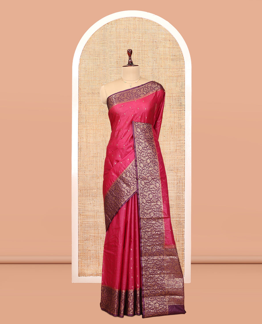 Pink Tussar Silk Saree, Accentuated with Zari Buttas, a Contrast Floral Design Border, Floral Design Pallu, and a Contrast Blouse
