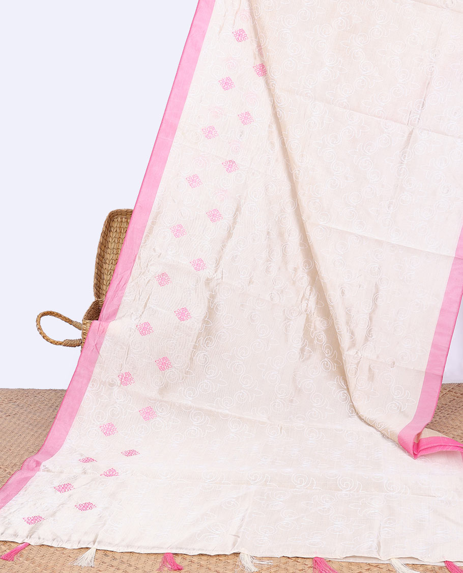 Cream floral thread embroidery semi-banaras tussar saree with contrast plain border & floral embroidered pallu
