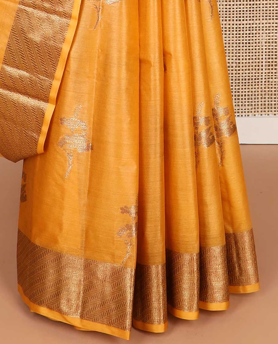 Orange floral motifs tussar silk saree with self geometric design border & geometric design pallu