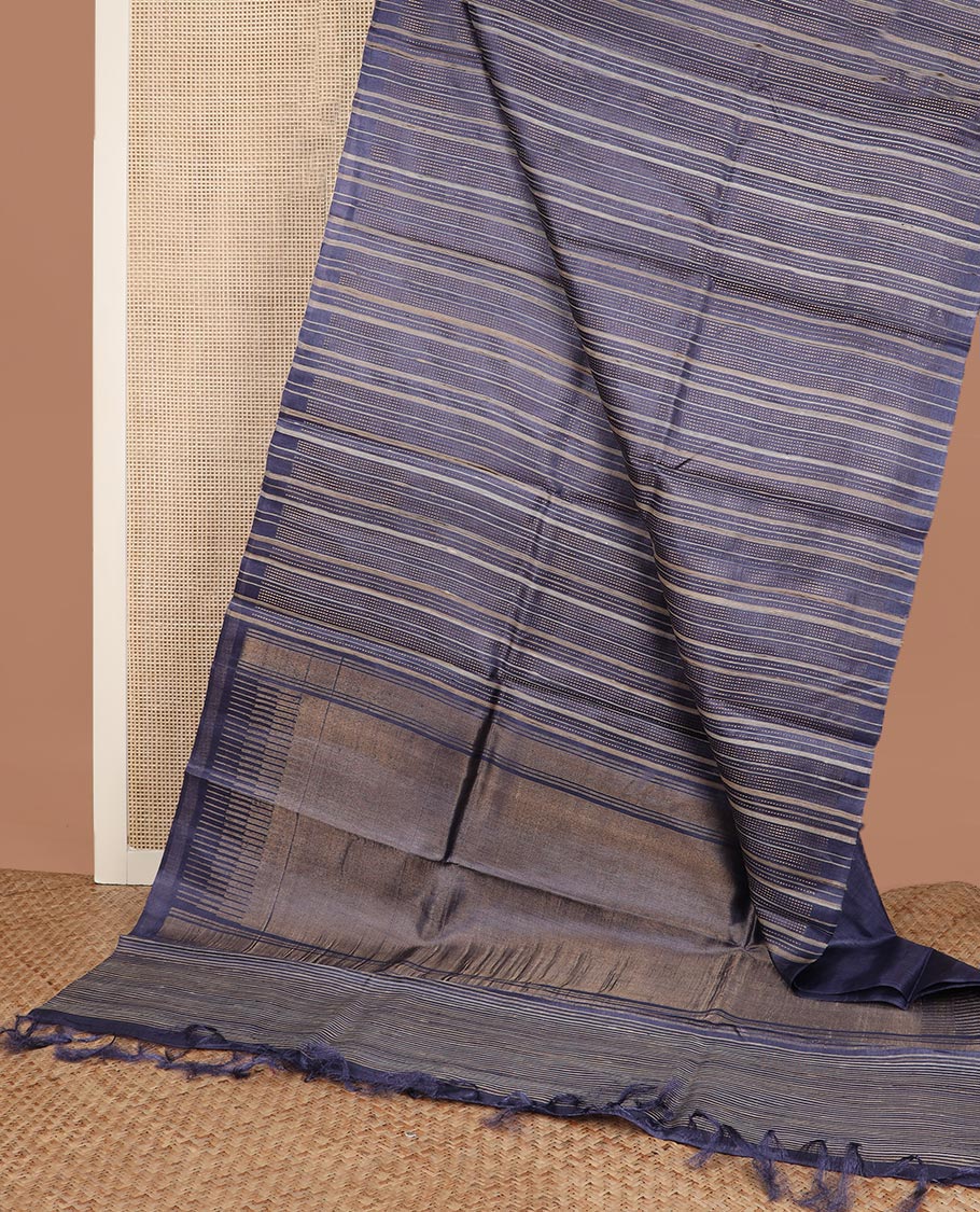 Borderless Elephant grey vertical striped tussar silk saree, temple design pallu