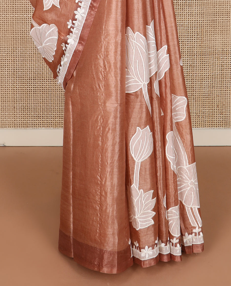 Brown lotus floral embroidered tussar saree, thread embroidered floral border